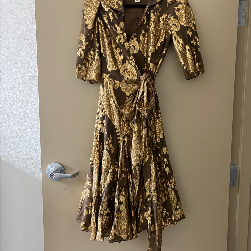 Silk Gold and Brown Pleated Wrap Midi Dress